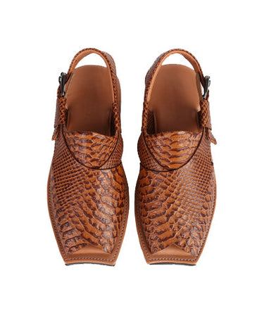 Eddie Men's Real Cow Leather Snake Print Peshawari Chappal Tan-3