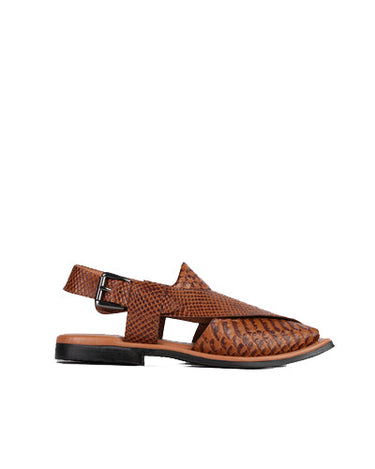 Eddie Men's Real Cow Leather Snake Print Peshawari Chappal Tan-1