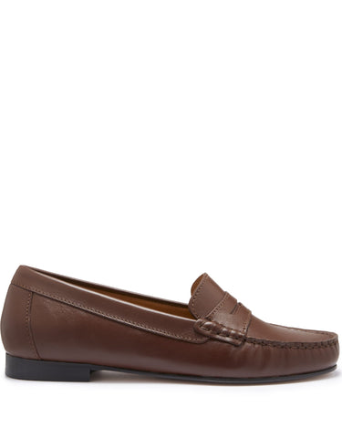 Women's Penny Loafers Leather Sole, brown leather-0