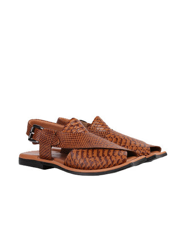 Eddie Men's Real Cow Leather Snake Print Peshawari Chappal Tan-2