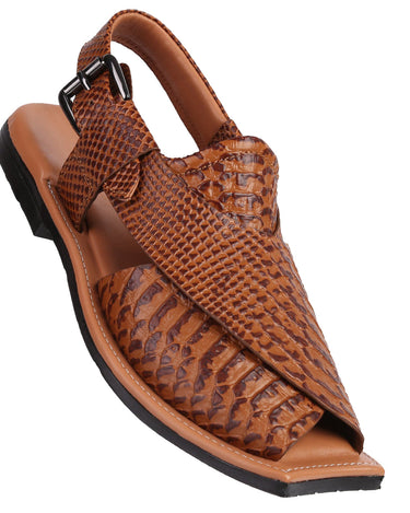 Eddie Men's Real Cow Leather Snake Print Peshawari Chappal Tan-0