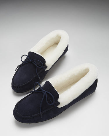 Women's slippers, sheepskin, navy blue suede-1