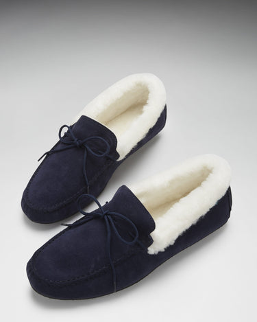 Slippers, sheepskin, navy blue suede-1