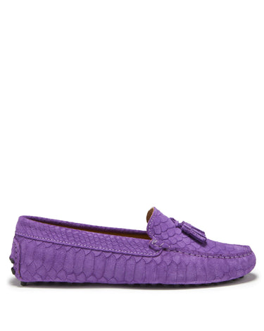 Women's Tasselled Driving Loafers, purple embossed suede-0