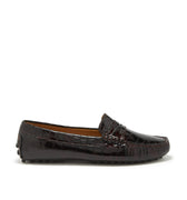 Women's Penny Driving Loafers, brown croc print patent leather-0