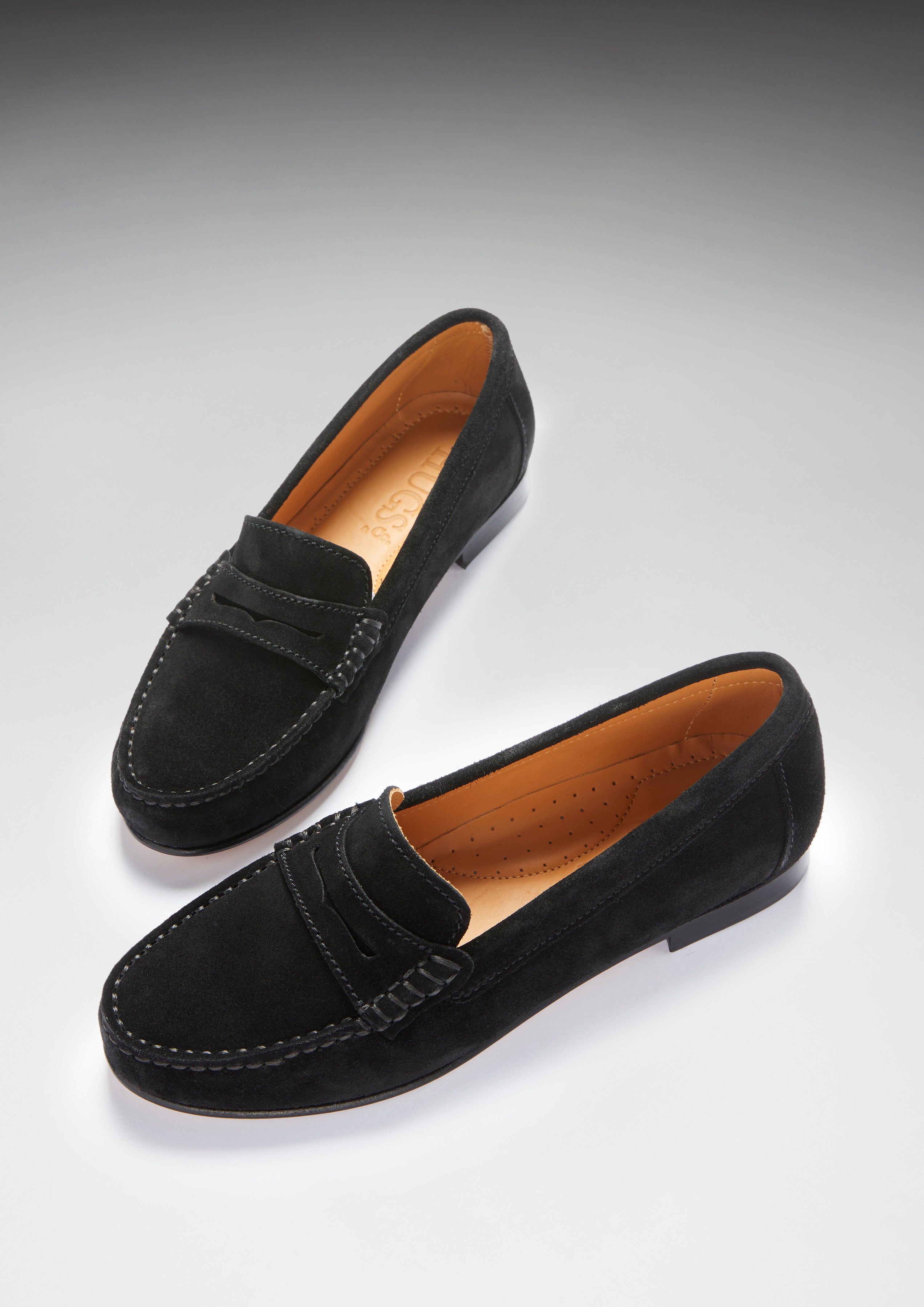 Women's Penny Loafers Leather Sole, black suede-1