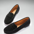 Women's Penny Loafers Leather Sole, black suede-1